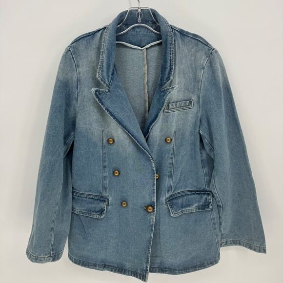 Denim Double Breasted Blazer Jacket Light Wash western Gold Buttons Women large - Picture 2 of 10